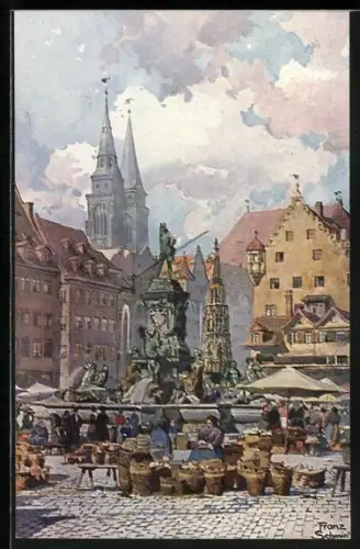AK Nürnberg, Neptunbrunnen mit Marktplatz