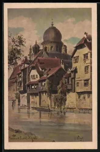 Künstler-AK Nürnberg, Insel Schütt mit Synagoge