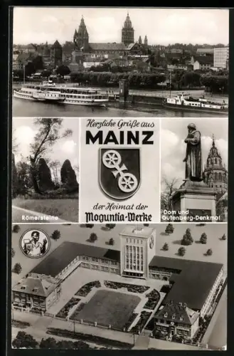 AK Mainz, Moguntia-Werke, Dampfer an der Anlegestelle, Dom und Gutenberg-Denkmal, Römersteine