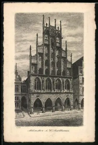 Künstler-AK Münster i. W., Rathaus am Abend