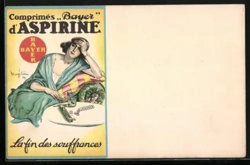 AK Medikament Aspirin, Reklame, Dame mit Kopfschmerzen auf dem Sofa und Tabletten vor sich auf dem Tisch