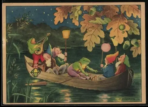 Künstler-AK Frösche und Zwerge im Ruderboot