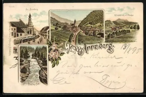 Vorläufer-Lithographie Annaberg, 1895, Lessing-Fall, Wienerbruck m. d. Ötscher, Ortsansicht