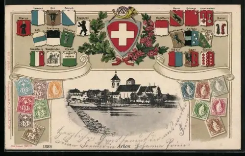 AK Arbon, Ortsansicht mit Wappen und Briefmarken