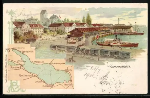 Lithographie Romanshorn, Partie am Hafen, Landkarte von Bodensee und Umgebung
