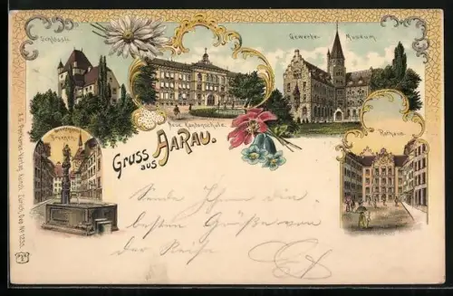 Lithographie Aarau, Gewerbemuseum, Rathaus, Neue Kantonschule