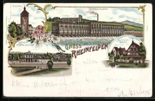 Lithographie Rheinfelden, Bahnhof, Hotel Bahnhof, Elektrizitätswerk, Oberthor