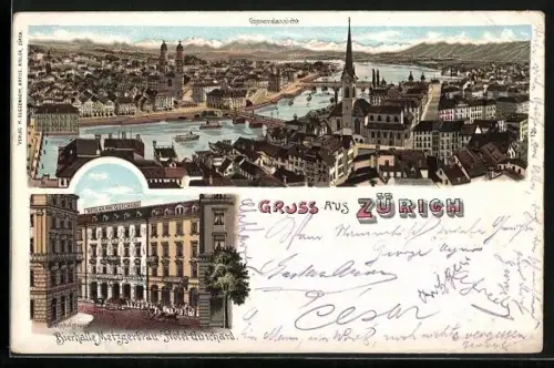 Lithographie Zürich, Bierhalle Metzgerbräu, Hotel Guichard, Bahnhofstrasse, Ortsansicht