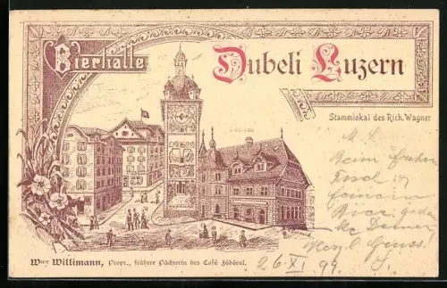 Lithographie Luzern, Gasthaus und Bierhalle Dubeli, Rathaus