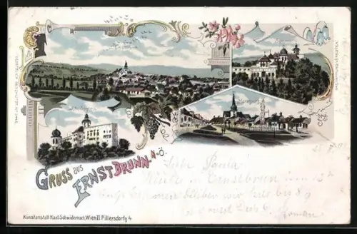 Lithographie Ernstbrunn, Altes Schloss, Marktplatz, Ortsansicht