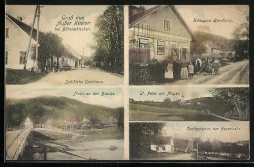 AK Ausser Kasten b. Böheimkirchen, Schibichs Gasthaus, Kikingers Handlung, Spritzenhaus der Feuerwehr