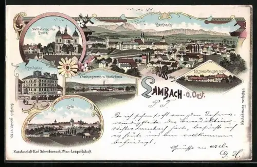 Lithographie Lambach /O.-Oe., Flachsspinnerei in Stadl-Paura, Sparkasse, Staats-Hengsten-Depot