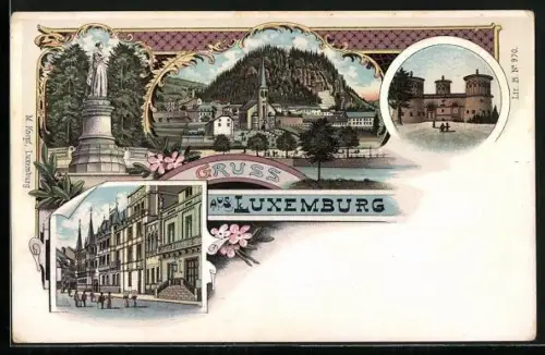 Lithographie Luxemburg, Denkmal, Strassenpartie, Ortsansicht
