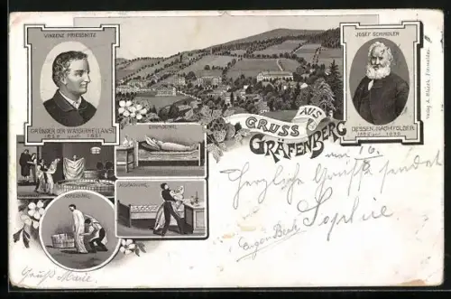 Lithographie Gräfenberg, Panorama, Bilder der Wasserheilanstalt, Porträt v. Vinzenz Priessnitz & Josef Schindler