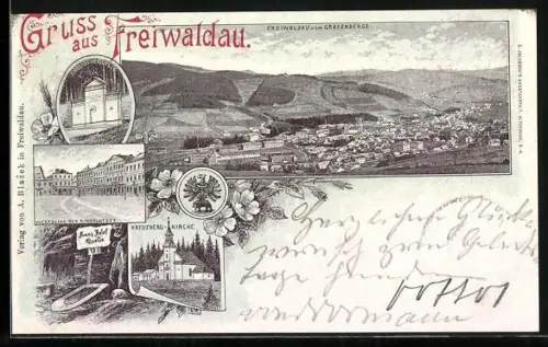 Lithographie Freiwaldau, Kreuzberg-Kirche, Englische Quelle, Ortsansicht