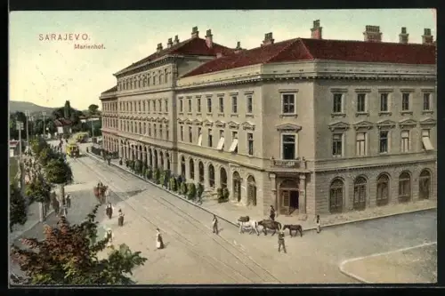 AK Sarajewo, Strassenbahn vor dem Marienhof, Pferdegespann