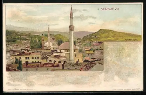 Lithographie Sarajewo, Panorama mit Moschee