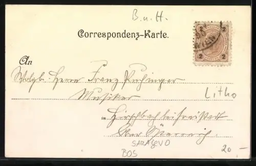 Lithographie Sarajewo, Panorama mit Moschee