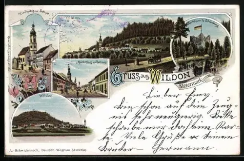 Lithographie Wildon, Pfeilturm a. d. Schlossberg, Kirchplatz mit Schule, Marktplatz mit Rathaus