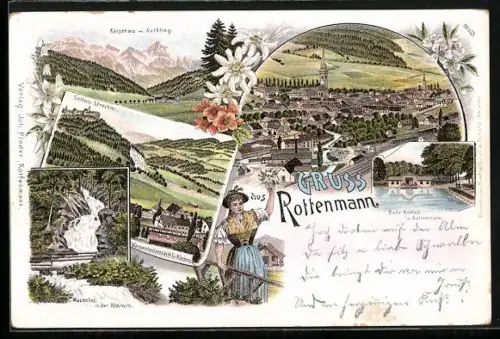 Lithographie Rottenmann, Badeanstalt, Wasserfall, Klamm, Schloss Strechau