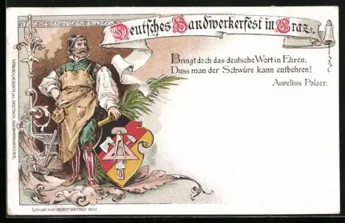 Lithographie Graz, Deutsches Handwerkerfest, Schmied mit Wappenschild, Aurelius Polzer
