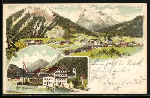 Lithographie Scharnitz, Ortspartie und, Gesamtansicht