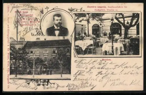 AK Wien, Gasthof Weingartel Leopold Pelikan im Getreidemarkt 6, Garten