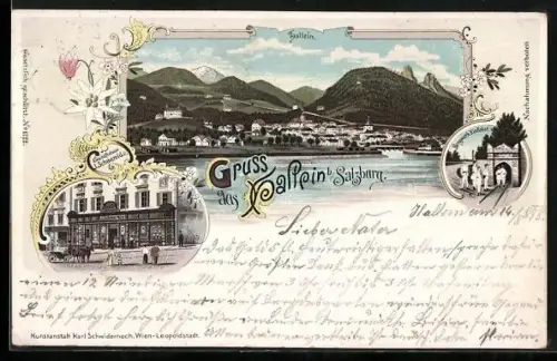 Lithographie Hallein b. Salzburg, Geschäftshaus L. Schmerold, Einfahrt zum Bergwerk, Ortsansicht vom Fluss aus