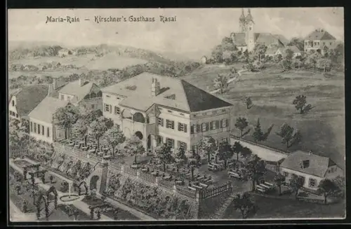 Künstler-AK Maria-Rain, Kirschner`s Gasthaus Rasai aus der Vogelschau