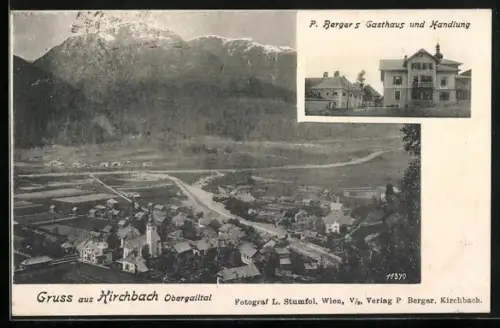 AK Kirchbach /Obergailtal, P. Berger`s Gasthaus und Handlung, Ortsansicht aus der Vogelschau