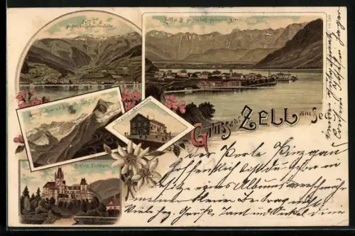 Lithographie Zell am See, Berghotel a. d. Schmittenhöhe, Schloss Fischhorn, Grossglockner