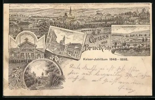 Lithographie Bruck a. Leitha, Lager Hauptwache, Kirchengasse, Lager Baraken, Ortspanorama
