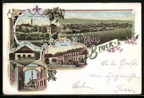 Lithographie Bruck a. Leitha, K.u.K. Militär-Conservenfabrik, Kirchengasse, Hauptplatz, Wache im neuen Lager
