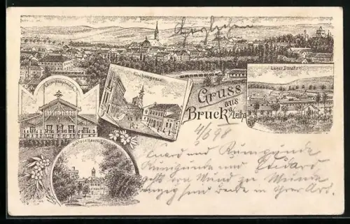 Lithographie Bruck a. Leitha, Kirchengasse, Lager-Hauptwache, Schloss Harrach