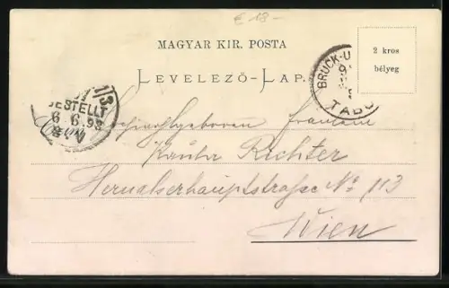 Lithographie Bruck a. Leitha, Kirchengasse, Lager-Hauptwache, Schloss Harrach