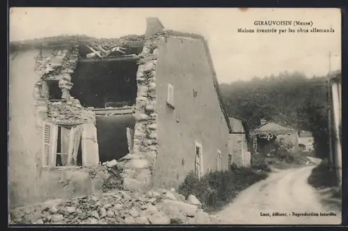 AK Girauvoisin, maison éventrée par les obus allemands