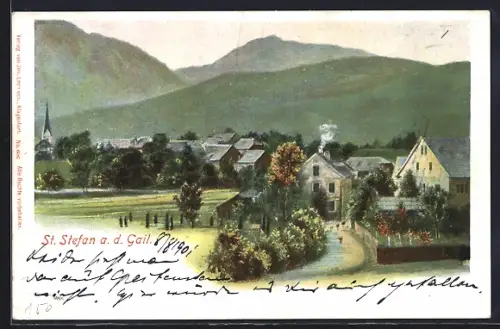 AK St. Stefan an der Gail, Ortspartie mit Bergen