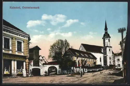 AK Kaindorf /Oststeiermark, Strassenpartie mit Rüsthaus der Feuerwehr und Kirche