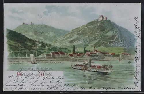 Lithographie Wien, Donaudampfer mit Kahlenberg und Leopoldsberg