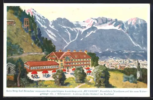 Künstler-AK Innsbruck, Gasthof Buchhof Zur Sprungschanze am Berg Isel