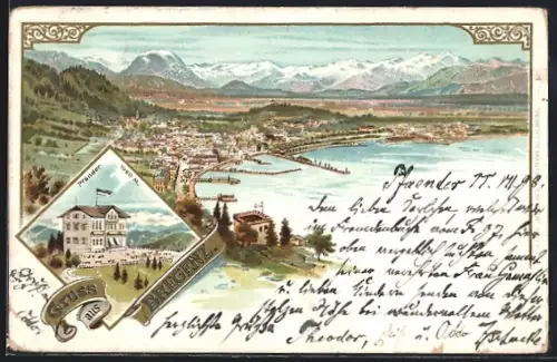 Lithographie Bregenz, Gasthaus Pfänder, Ortsansicht