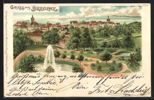 Lithographie Bregenz, Ortsansicht mit Parkanlage aus der Vogelschau
