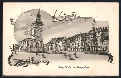 Künstler-AK Retz, Denkmal auf dem Hauptplatz