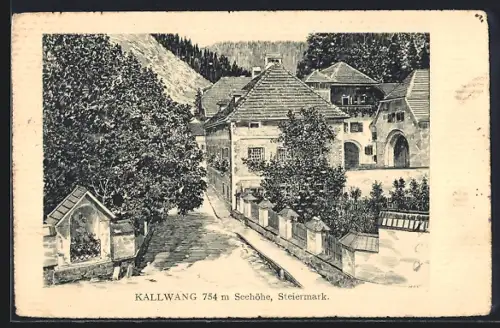 Künstler-AK Kallwang /Steiermark, Strassenpartie mit Kapelle