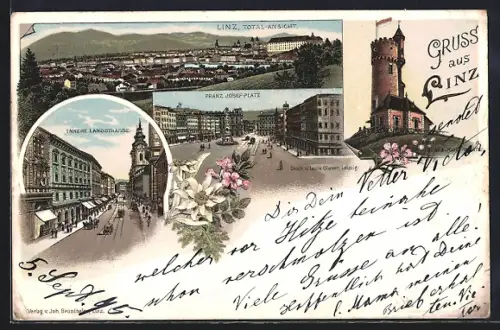 Lithographie Linz a. D., Franz Josef-Platz, Innere Landstrasse, Franz Josef-Warte und Totalansicht