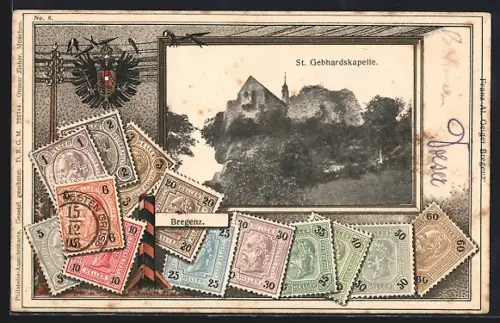 AK Bregenz, St. Gebhardskapelle und Briefmarken