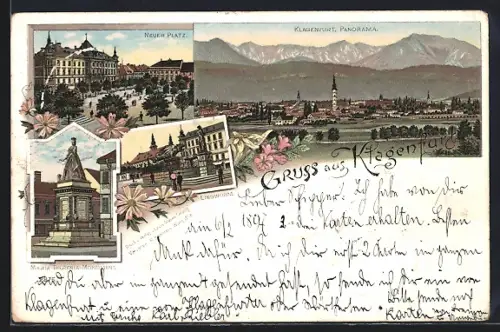 Lithographie Klagenfurt, Ortsausblick, Neuer Platz und Lindwurm