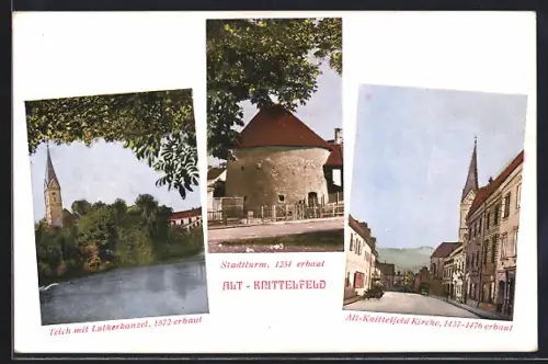 AK Alt-Knittelfeld, Stadtturm, Kirche, Teich mit Lutherkanzel