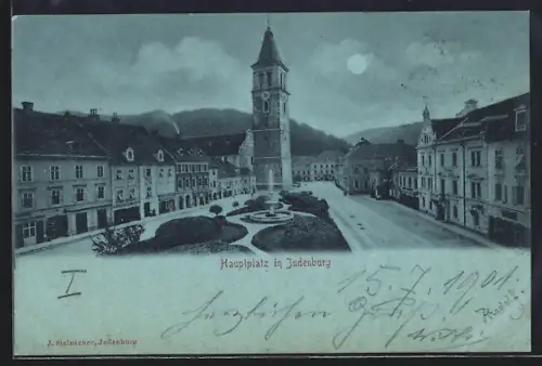 Mondschein-AK Judenburg, Hauptplatz mit Turm