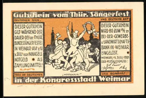 Notgeld Weimar 1921, 10 Pfennig, Sängerfest mit tanzenden Figuren und Stadtansicht, Musikschule und Liszt-Haus